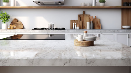 Interior of modern kitchen with white marble walls, concrete floor, white countertops and wooden cupboardsの素材