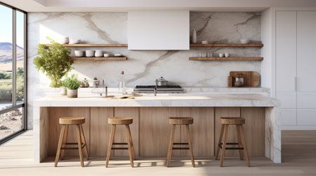 Interior of modern kitchen with white marble walls, concrete floor, white countertops and wooden cupboardsの素材