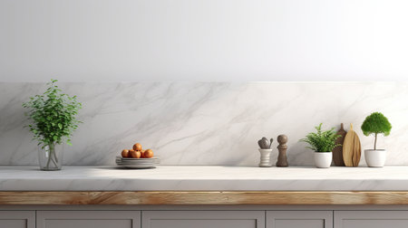 Interior of modern kitchen with white marble walls, concrete floor, white countertops and wooden cupboardsの素材