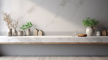 Interior of modern kitchen with white marble walls, concrete floor, white countertops and wooden cupboardsの素材