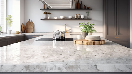 Interior of modern kitchen with white marble walls, concrete floor, white countertops and wooden cupboardsの素材