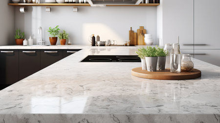 Interior of modern kitchen with white marble walls, concrete floor, white countertops and wooden cupboardsの素材