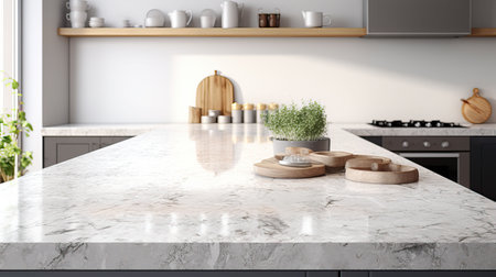 Interior of modern kitchen with white marble walls, concrete floor, white countertops and wooden cupboardsの素材