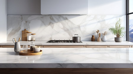 Interior of modern kitchen with white marble walls, concrete floor, white countertops and wooden cupboardsの素材