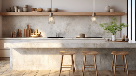 Interior of modern kitchen with white marble walls, concrete floor, white countertops and wooden cupboardsの素材