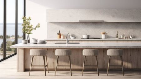 Interior of modern kitchen with white marble walls, concrete floor, white countertops and wooden cupboardsの素材