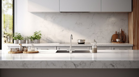 Interior of modern kitchen with white marble walls, concrete floor, white countertops and wooden cupboardsの素材