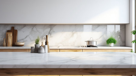 Interior of modern kitchen with white marble walls, concrete floor, white countertops and wooden cupboardsの素材