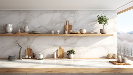 Interior of modern kitchen with white marble walls, concrete floor, white countertops and wooden cupboardsの素材