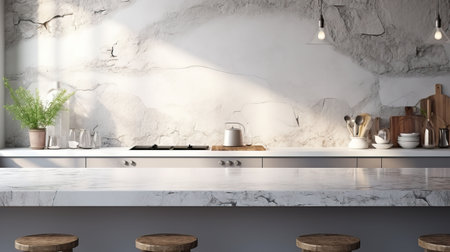 Interior of modern kitchen with white marble walls, concrete floor, white countertops and wooden cupboardsの素材