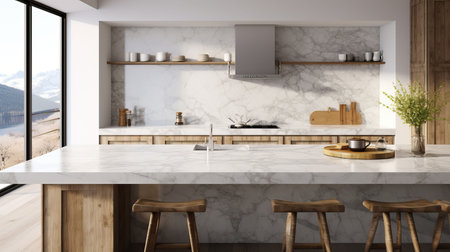 Interior of modern kitchen with white marble walls, concrete floor, white countertops and wooden cupboardsの素材