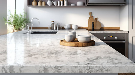 Interior of modern kitchen with white marble walls, concrete floor, white countertops and wooden cupboardsの素材
