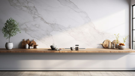 Interior of modern kitchen with white marble walls, concrete floor, white countertops and wooden cupboardsの素材