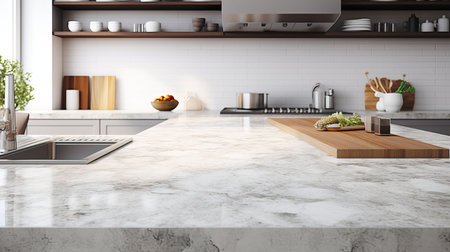 Interior of modern kitchen with white marble walls, concrete floor, white countertops and wooden cupboardsの素材