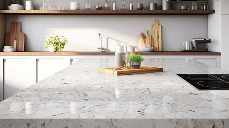 Interior of modern kitchen with white marble walls, concrete floor, white countertops and wooden cupboardsの素材