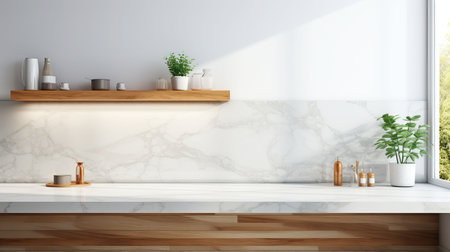 Interior of modern kitchen with white marble walls, concrete floor, white countertops and wooden cupboardsの素材