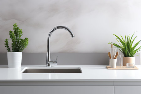 Interior of modern kitchen with white walls, concrete floor, wooden countertops and cupboardsの素材