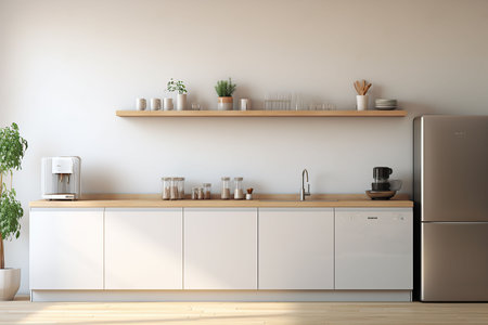 Interior of modern kitchen with white walls, concrete floor, wooden countertops and cupboardsの素材