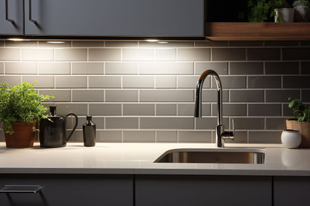 Interior of modern kitchen with white walls, concrete floor, wooden countertops and cupboardsの素材