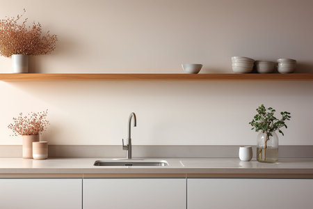 Interior of modern kitchen with white walls, concrete floor, wooden countertops and cupboardsの素材