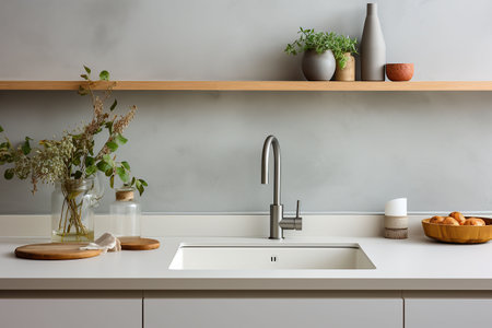 Interior of modern kitchen with white walls, concrete floor, wooden countertops and cupboardsの素材