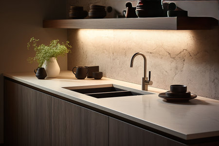 Interior of modern kitchen with white walls, concrete floor, wooden countertops and cupboardsの素材