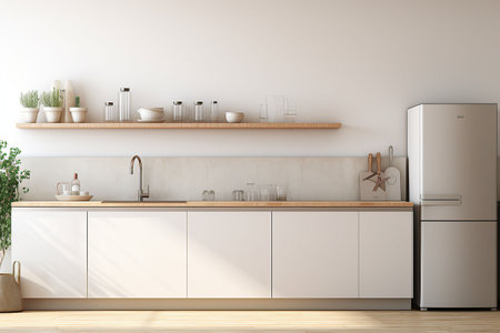 Interior of modern kitchen with white walls, concrete floor, wooden countertops and cupboardsの素材
