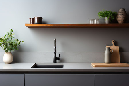 Interior of modern kitchen with white walls, concrete floor, wooden countertops and cupboardsの素材