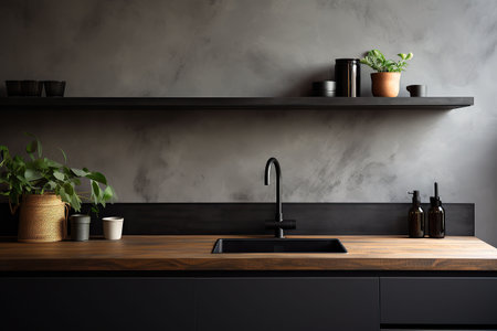 Interior of modern kitchen with white walls, concrete floor, wooden countertops and cupboardsの素材