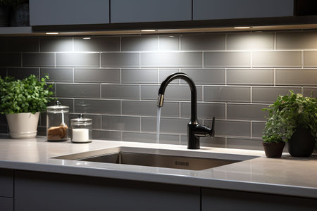 Interior of modern kitchen with white walls, concrete floor, wooden countertops and cupboardsの素材