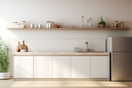 Interior of modern kitchen with white walls, concrete floor, wooden countertops and cupboardsの素材