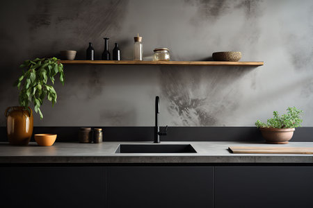 Interior of modern kitchen with white walls, concrete floor, wooden countertops and cupboardsの素材