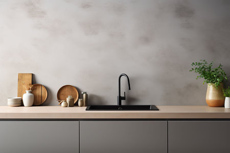 Interior of modern kitchen with white walls, concrete floor, wooden countertops and cupboardsの素材