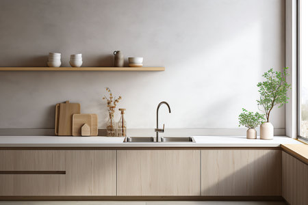 Interior of modern kitchen with white walls, concrete floor, wooden countertops and cupboardsの素材