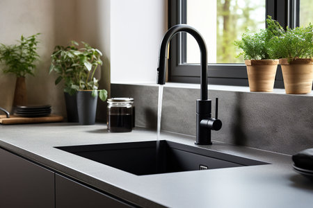 Interior of modern kitchen with white walls, concrete floor, wooden countertops and cupboardsの素材