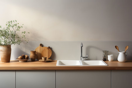 Interior of modern kitchen with white walls, concrete floor, wooden countertops and cupboardsの素材