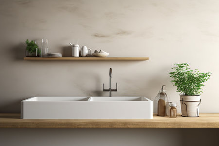 Interior of modern kitchen with white walls, concrete floor, wooden countertops and cupboardsの素材