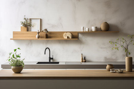 Interior of modern kitchen with white walls, concrete floor, wooden countertops and cupboardsの素材