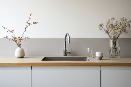 Interior of modern kitchen with white walls, concrete floor, wooden countertops and cupboardsの素材