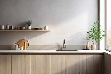Interior of modern kitchen with white walls, concrete floor, wooden countertops and cupboardsの素材