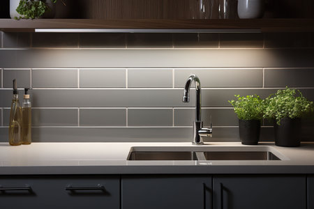 Interior of modern kitchen with white walls, concrete floor, wooden countertops and cupboardsの素材