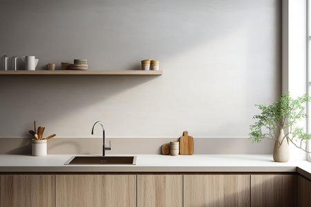 Interior of modern kitchen with white walls, concrete floor, wooden countertops and cupboardsの素材
