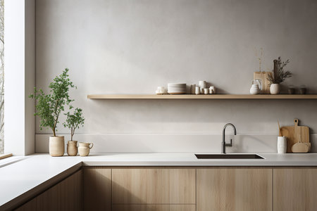 Interior of modern kitchen with white walls, concrete floor, wooden countertops and cupboardsの素材