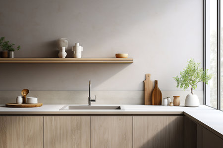 Interior of modern kitchen with white walls, concrete floor, wooden countertops and cupboardsの素材