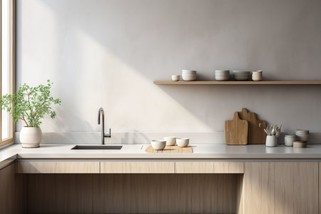 Interior of modern kitchen with white walls, concrete floor, wooden countertops and cupboardsの素材