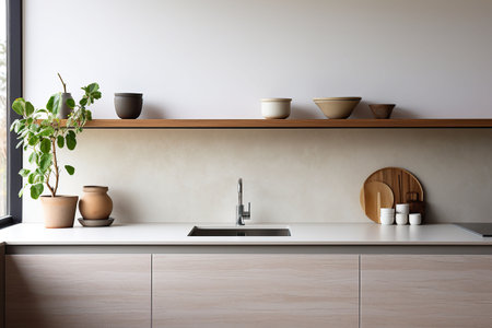 Interior of modern kitchen with white walls, concrete floor, wooden countertops and cupboardsの素材