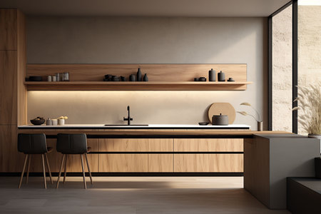 Interior of modern kitchen with white walls, concrete floor, wooden countertops and cupboardsの素材