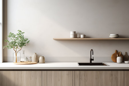 Interior of modern kitchen with white walls, concrete floor, wooden countertops and cupboardsの素材