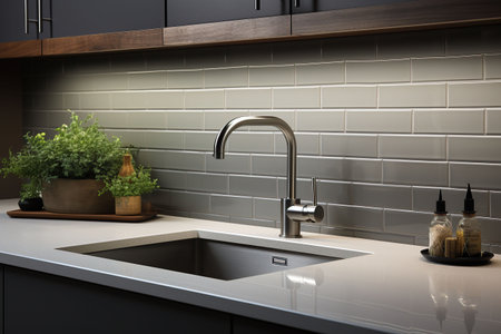 Interior of modern kitchen with white walls, concrete floor, wooden countertops and cupboardsの素材