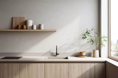 Interior of modern kitchen with white walls, concrete floor, wooden countertops and cupboardsの素材